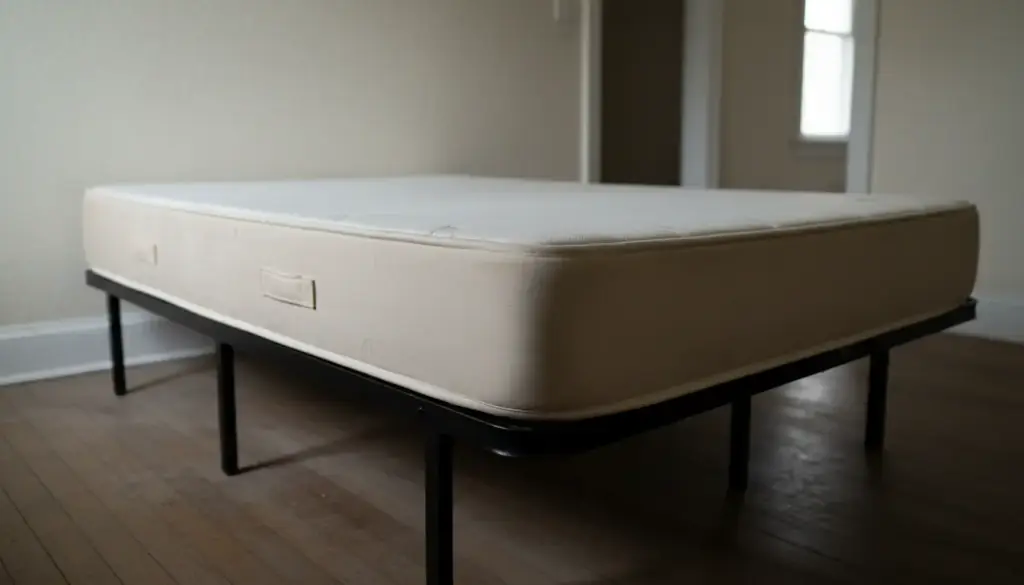 Bare mattress on a metal frame in an emptied bedroom